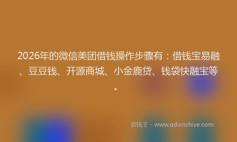 2026年的微信美团借钱操作步骤有：借钱宝易融、豆豆钱、开源商城、小金鹿贷、钱袋快融宝等。