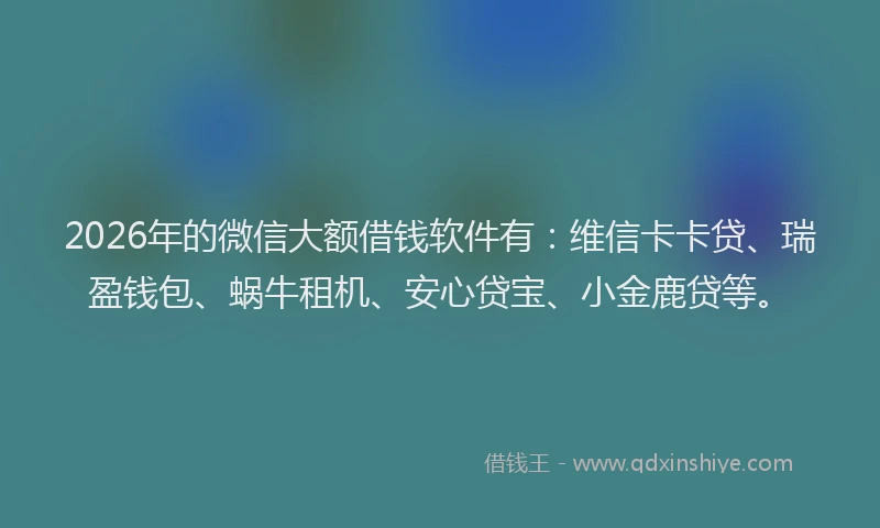 2026年的微信大额借钱软件有：维信卡卡贷、瑞盈钱包、蜗牛租机、安心贷宝、小金鹿贷等。