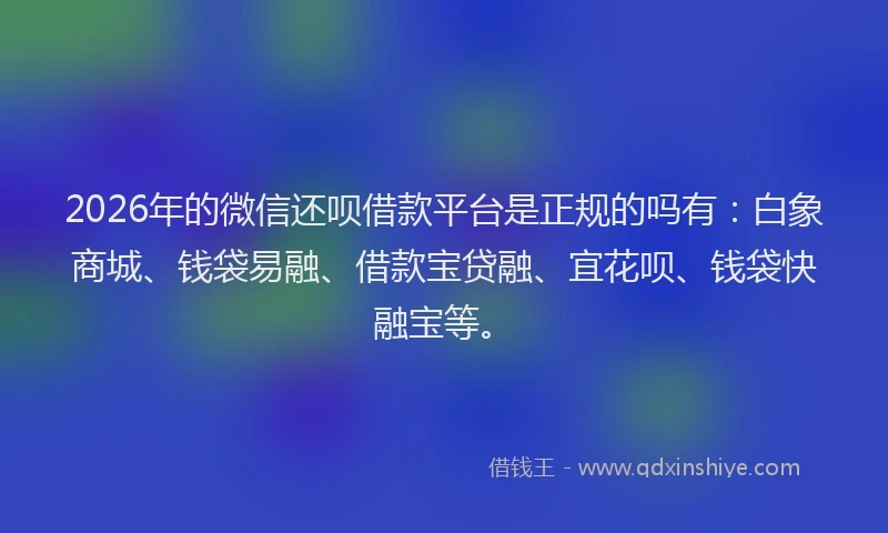 2026年的微信还呗借款平台是正规的吗有：白象商城、钱袋易融、借款宝贷融、宜花呗、钱袋快融宝等。