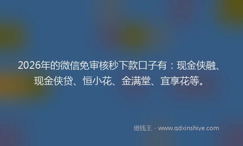 2026年的微信免审核秒下款口子有：现金侠融、现金侠贷、恒小花、金满堂、宜享花等。