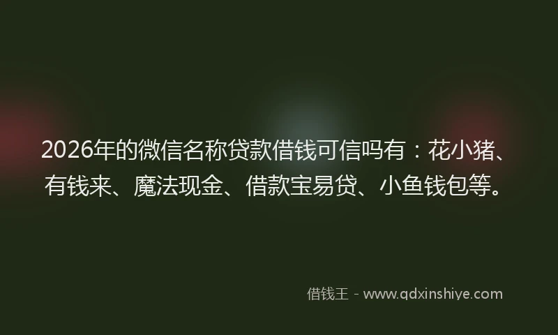2026年的微信名称贷款借钱可信吗有：花小猪、有钱来、魔法现金、借款宝易贷、小鱼钱包等。