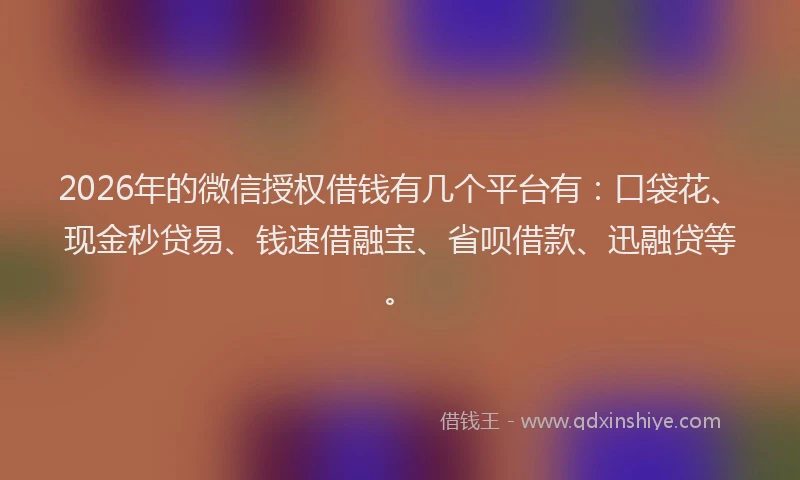 2026年的微信授权借钱有几个平台有：口袋花、现金秒贷易、钱速借融宝、省呗借款、迅融贷等。