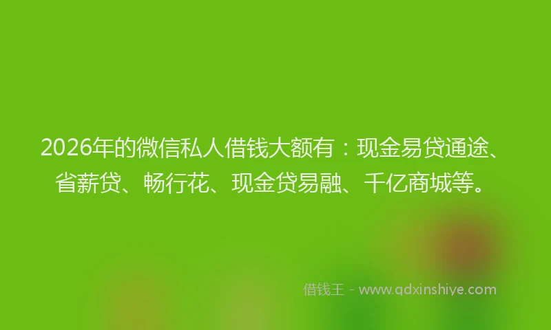2026年的微信私人借钱大额有：现金易贷通途、省薪贷、畅行花、现金贷易融、千亿商城等。