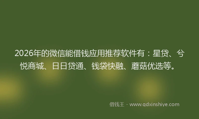 2026年的微信能借钱应用推荐软件有：星贷、兮悦商城、日日贷通、钱袋快融、蘑菇优选等。