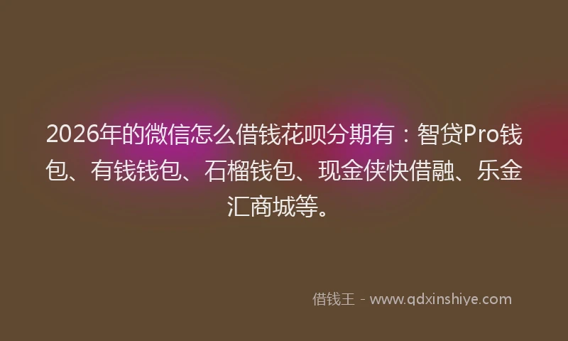 2026年的微信怎么借钱花呗分期有：智贷Pro钱包、有钱钱包、石榴钱包、现金侠快借融、乐金汇商城等。
