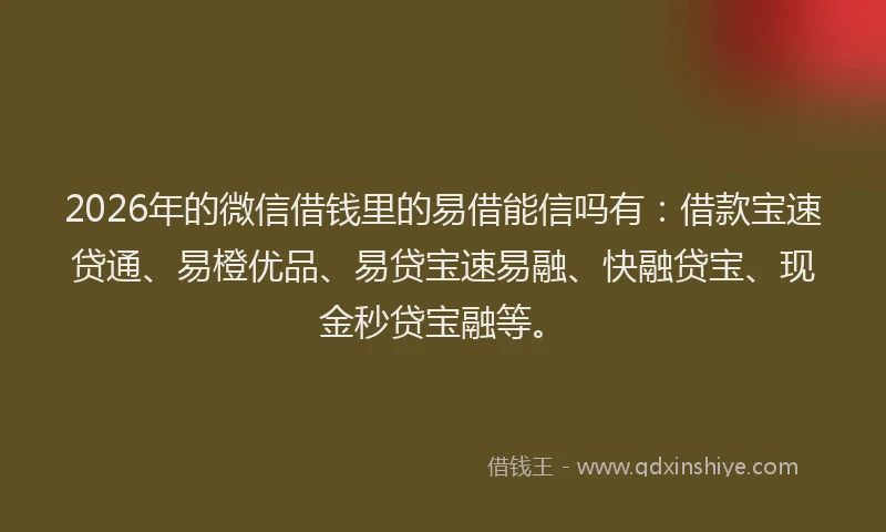 2026年的微信借钱里的易借能信吗有：借款宝速贷通、易橙优品、易贷宝速易融、快融贷宝、现金秒贷宝融等。