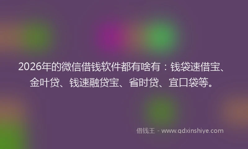 2026年的微信借钱软件都有啥有：钱袋速借宝、金叶贷、钱速融贷宝、省时贷、宜口袋等。