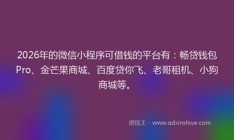 2026年的微信小程序可借钱的平台有：畅贷钱包Pro、金芒果商城、百度贷你飞、老哥租机、小狗商城等。