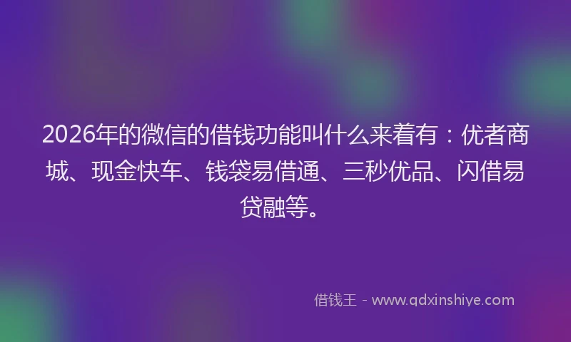 2026年的微信的借钱功能叫什么来着有：优者商城、现金快车、钱袋易借通、三秒优品、闪借易贷融等。