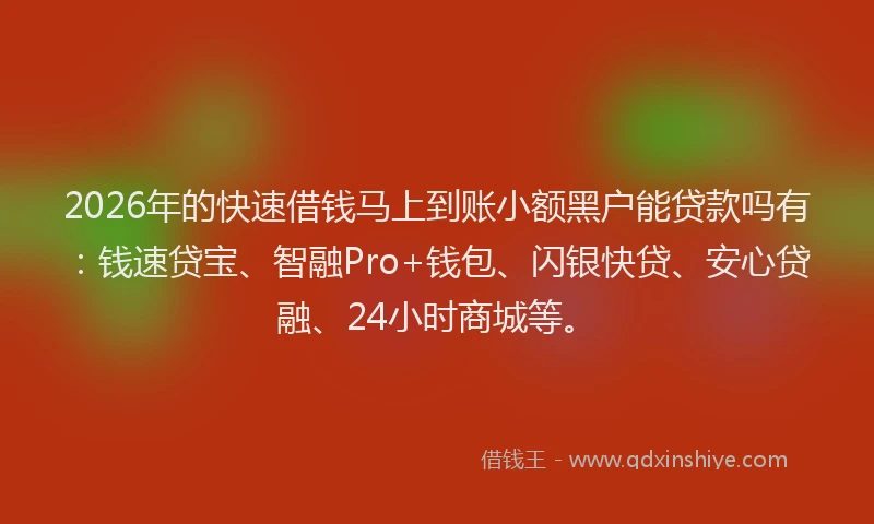 2026年的快速借钱马上到账小额黑户能贷款吗有：钱速贷宝、智融Pro+钱包、闪银快贷、安心贷融、24小时商城等。