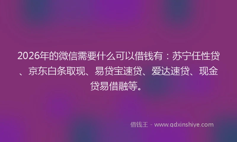 2026年的微信需要什么可以借钱有：苏宁任性贷、京东白条取现、易贷宝速贷、爱达速贷、现金贷易借融等。