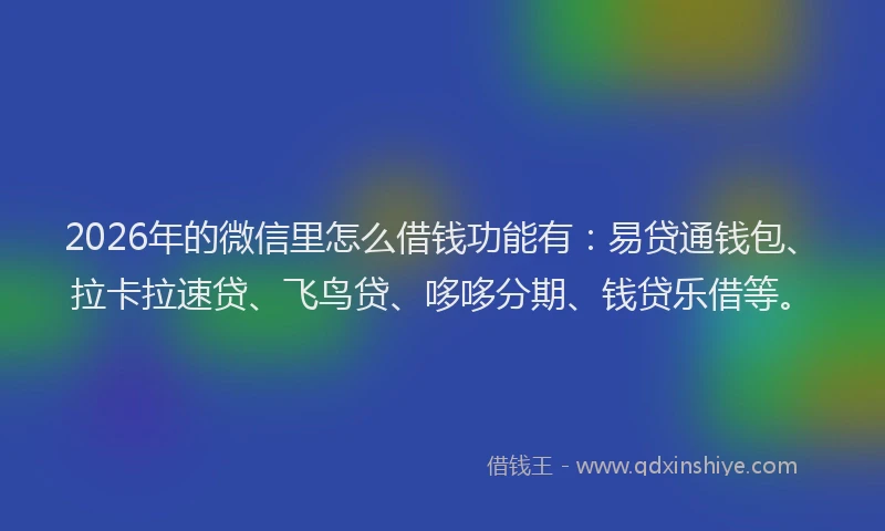 2026年的微信里怎么借钱功能有:易贷通钱包、拉卡拉速贷、飞鸟贷、哆哆分期、钱贷乐借等。