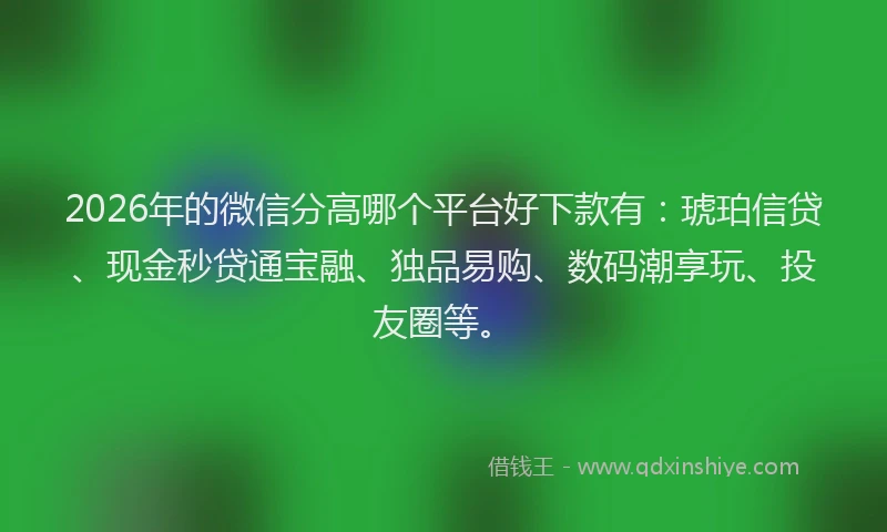 2026年的微信分高哪个平台好下款有：琥珀信贷、现金秒贷通宝融、独品易购、数码潮享玩、投友圈等。