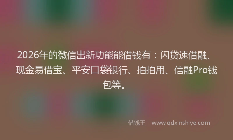 2026年的微信出新功能能借钱有：闪贷速借融、现金易借宝、平安口袋银行、拍拍用、信融Pro钱包等。