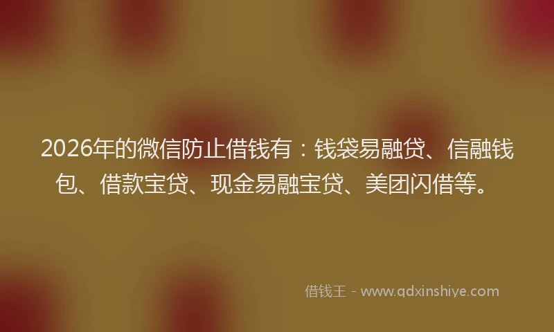 2026年的微信防止借钱有:钱袋易融贷、信融钱包、借款宝贷、现金易融宝贷、美团闪借等。