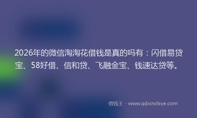 2026年的微信淘淘花借钱是真的吗有：闪借易贷宝、58好借、信和贷、飞融金宝、钱速达贷等。