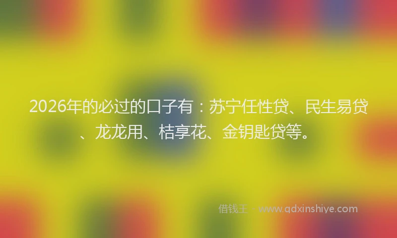 2026年的必过的口子有：苏宁任性贷、民生易贷、龙龙用、桔享花、金钥匙贷等。