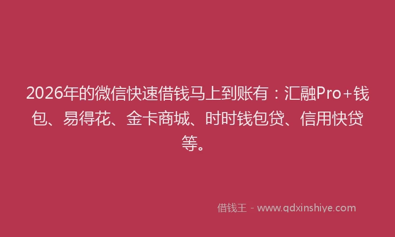 2026年的微信快速借钱马上到账有:汇融Pro+钱包、易得花、金卡商城、时时钱包贷、信用快贷等。