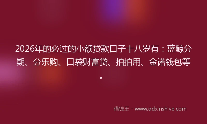 2026年的必过的小额贷款口子十八岁有：蓝鲸分期、分乐购、口袋财富贷、拍拍用、金诺钱包等。