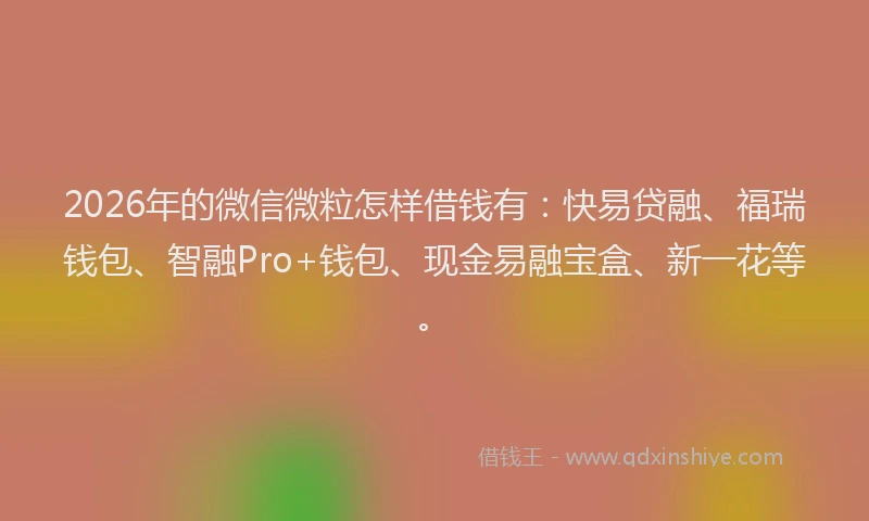 2026年的微信微粒怎样借钱有：快易贷融、福瑞钱包、智融Pro+钱包、现金易融宝盒、新一花等。