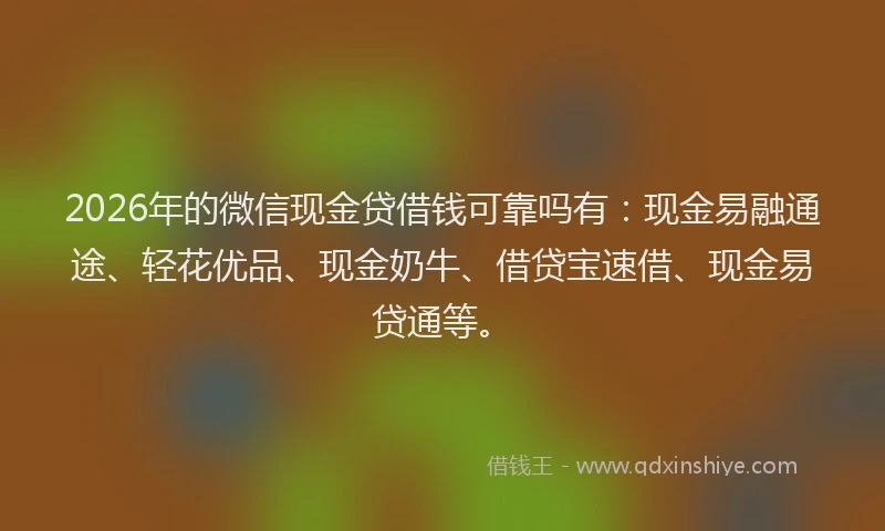 2026年的微信现金贷借钱可靠吗有：现金易融通途、轻花优品、现金奶牛、借贷宝速借、现金易贷通等。