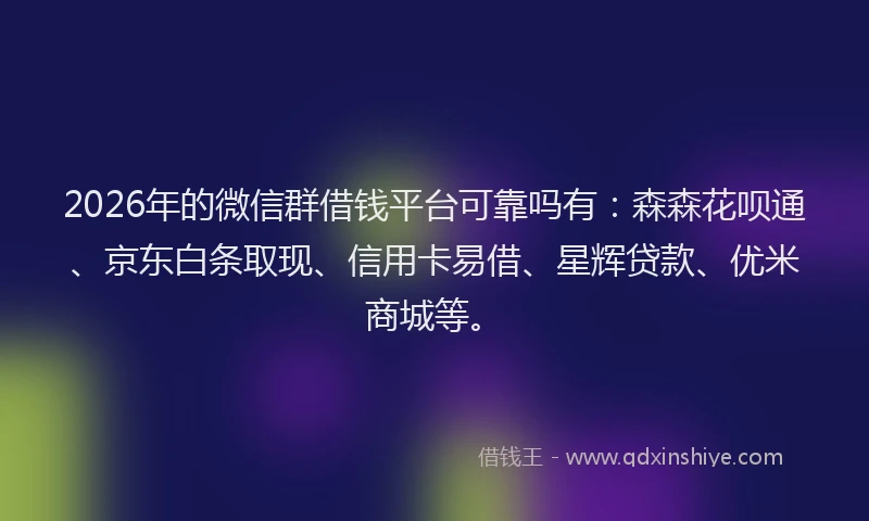 2026年的微信群借钱平台可靠吗有：森森花呗通、京东白条取现、信用卡易借、星辉贷款、优米商城等。