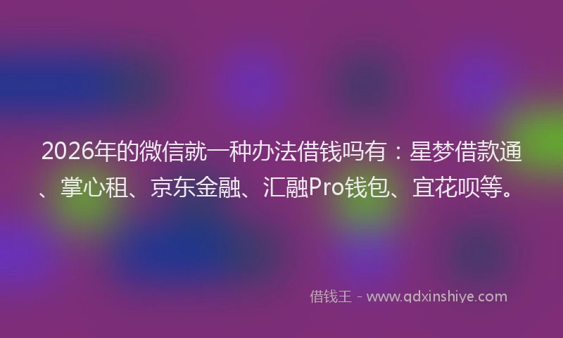 2026年的微信就一种办法借钱吗有：星梦借款通、掌心租、京东金融、汇融Pro钱包、宜花呗等。