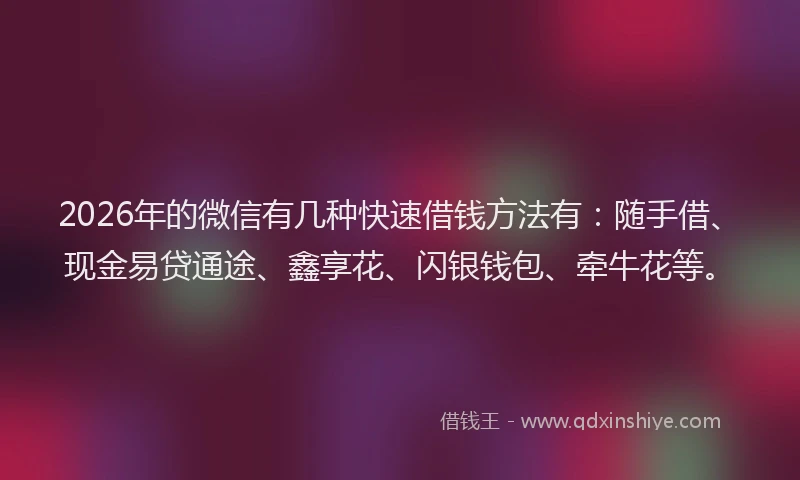 2026年的微信有几种快速借钱方法有：随手借、现金易贷通途、鑫享花、闪银钱包、牵牛花等。