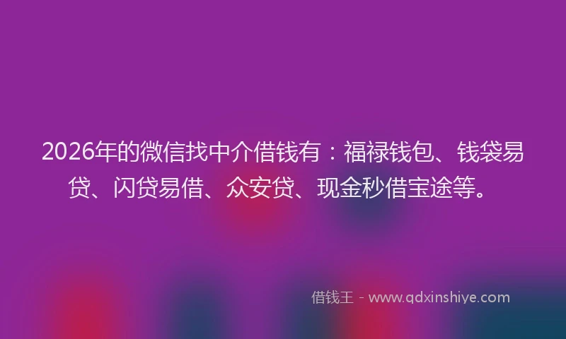 2026年的微信找中介借钱有:福禄钱包、钱袋易贷、闪贷易借、众安贷、现金秒借宝途等。