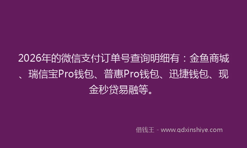 2026年的微信支付订单号查询明细有：金鱼商城、瑞信宝Pro钱包、普惠Pro钱包、迅捷钱包、现金秒贷易融等。