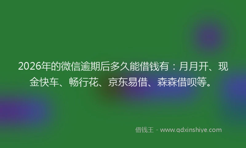 2026年的微信逾期后多久能借钱有:月月开、现金快车、畅行花、京东易借、森森借呗等。