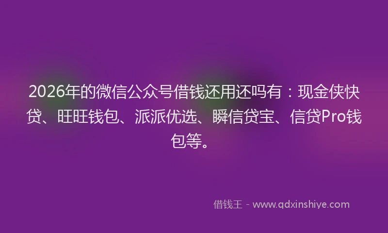 2026年的微信公众号借钱还用还吗有：现金侠快贷、旺旺钱包、派派优选、瞬信贷宝、信贷Pro钱包等。