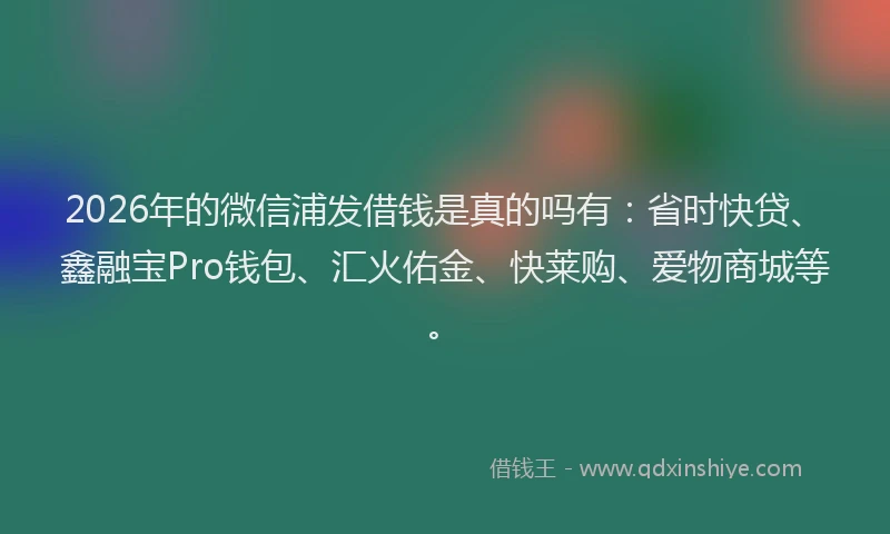 2026年的微信浦发借钱是真的吗有：省时快贷、鑫融宝Pro钱包、汇火佑金、快莱购、爱物商城等。
