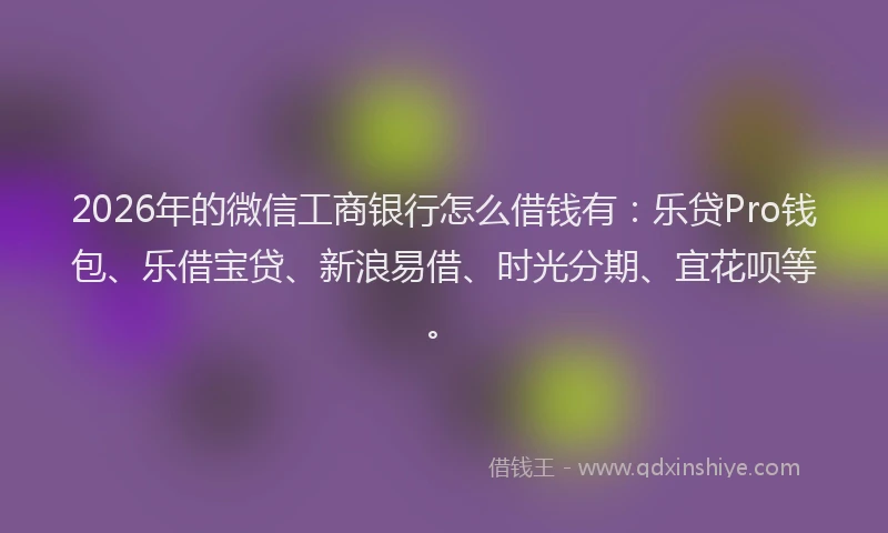 2026年的微信工商银行怎么借钱有：乐贷Pro钱包、乐借宝贷、新浪易借、时光分期、宜花呗等。