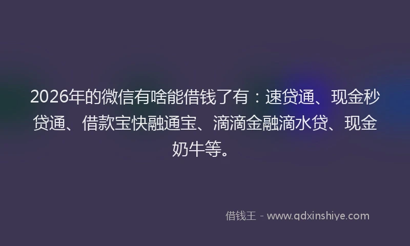 2026年的微信有啥能借钱了有：速贷通、现金秒贷通、借款宝快融通宝、滴滴金融滴水贷、现金奶牛等。