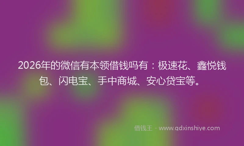 2026年的微信有本领借钱吗有：极速花、鑫悦钱包、闪电宝、手中商城、安心贷宝等。