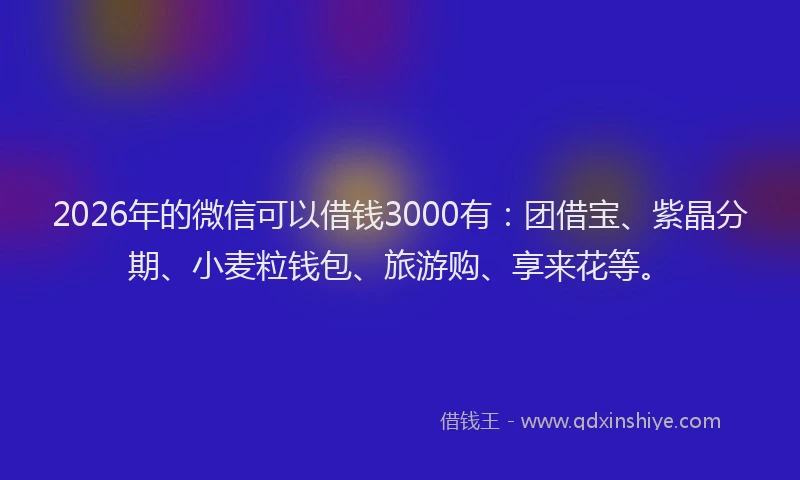 2026年的微信可以借钱3000有:团借宝、紫晶分期、小麦粒钱包、旅游购、享来花等。