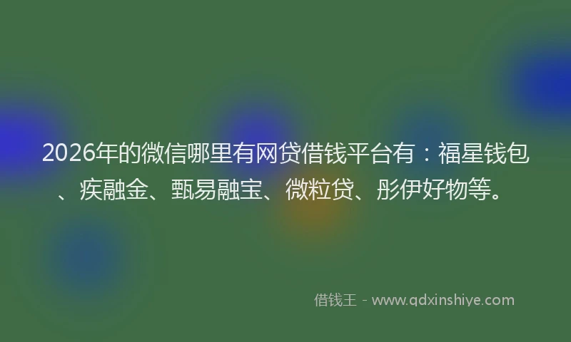 2026年的微信哪里有网贷借钱平台有：福星钱包、疾融金、甄易融宝、微粒贷、彤伊好物等。