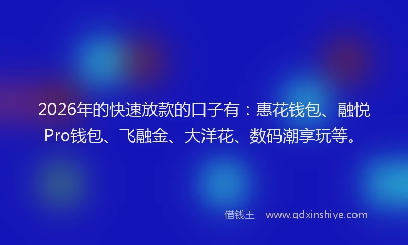 2026年的快速放款的口子有：惠花钱包、融悦Pro钱包、飞融金、大洋花、数码潮享玩等。