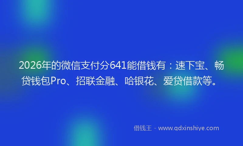 2026年的微信支付分641能借钱有：速下宝、畅贷钱包Pro、招联金融、哈银花、爱贷借款等。