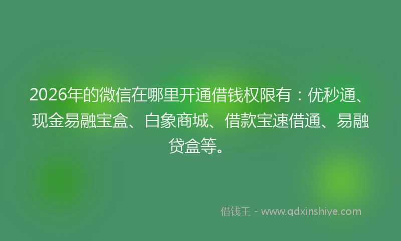 2026年的微信在哪里开通借钱权限有：优秒通、现金易融宝盒、白象商城、借款宝速借通、易融贷盒等。
