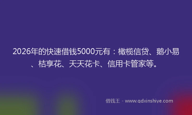 2026年的快速借钱5000元有：橄榄信贷、鹅小易、桔享花、天天花卡、信用卡管家等。