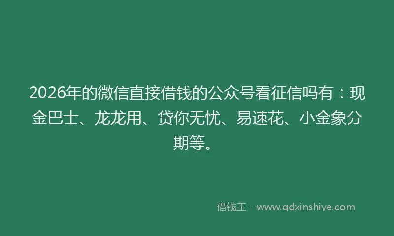 2026年的微信直接借钱的公众号看征信吗有：现金巴士、龙龙用、贷你无忧、易速花、小金象分期等。