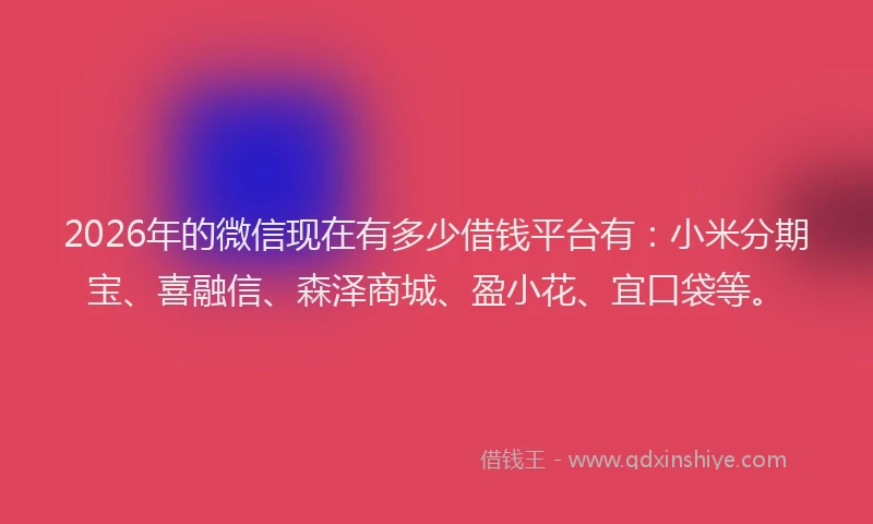 2026年的微信现在有多少借钱平台有：小米分期宝、喜融信、森泽商城、盈小花、宜口袋等。