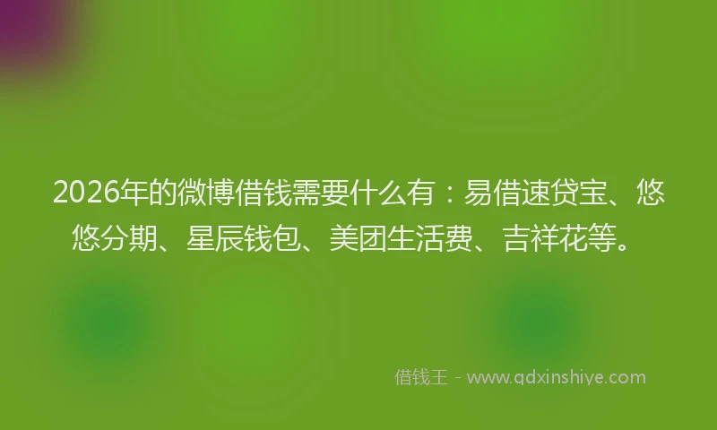 2026年的微博借钱需要什么有：易借速贷宝、悠悠分期、星辰钱包、美团生活费、吉祥花等。