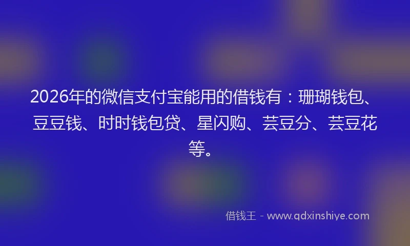 2026年的微信支付宝能用的借钱有：珊瑚钱包、豆豆钱、时时钱包贷、星闪购、芸豆分、芸豆花等。