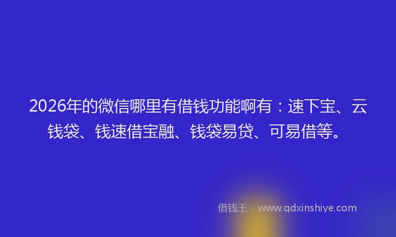 2026年的微信哪里有借钱功能啊有：速下宝、云钱袋、钱速借宝融、钱袋易贷、可易借等。