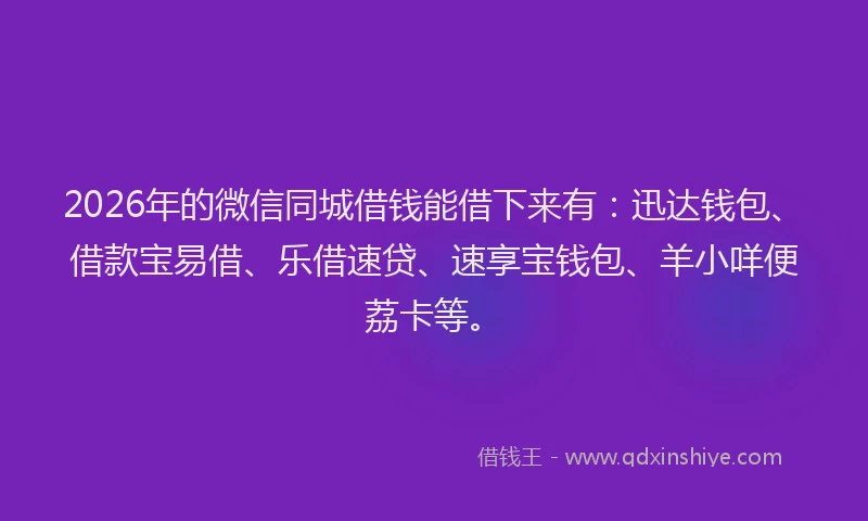 2026年的微信同城借钱能借下来有：迅达钱包、借款宝易借、乐借速贷、速享宝钱包、羊小咩便荔卡等。