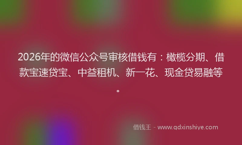 2026年的微信公众号审核借钱有：橄榄分期、借款宝速贷宝、中益租机、新一花、现金贷易融等。