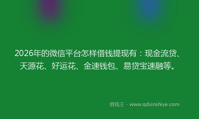 2026年的微信平台怎样借钱提现有:现金流贷、天源花、好运花、金速钱包、易贷宝速融等。